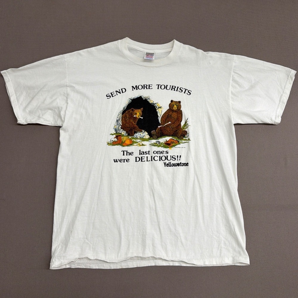 Vintage Jerzees Yellowstone Send More Tourists Bear Graphic T-Shirt White XL